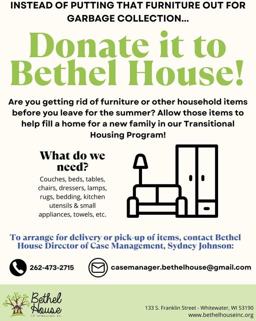 Consider Donating Household Items in Good Condition to Bethel House Instead of Putting out for Bulk Collection