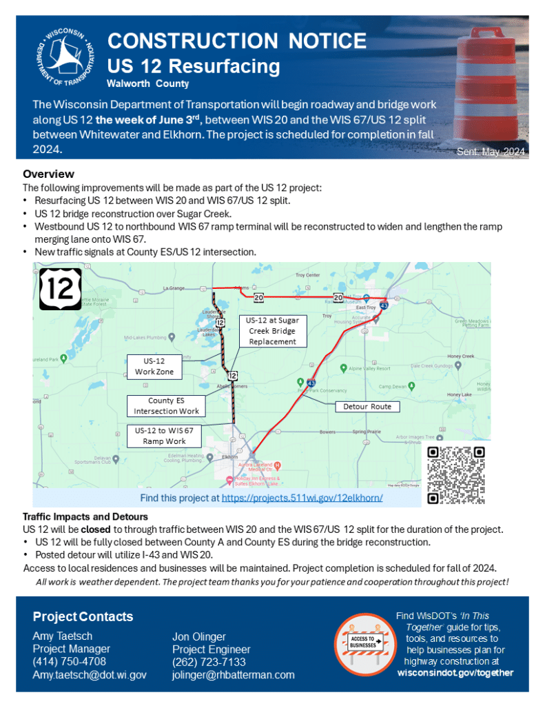 Hwy 12 Closing for Construction Beginning Thurs. Between WI 20 & Elkhorn; Alternate Route Suggested