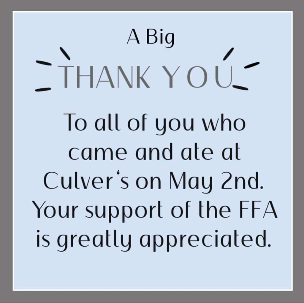 Thanks from FFA for Culver’s Night Participation